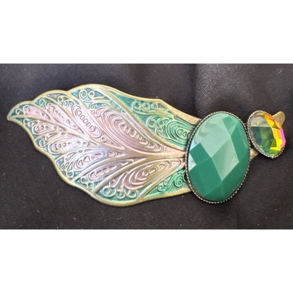 Cara NY Green Gold Rhinestone Feather Hair Barrette Pin Steampunk NEW